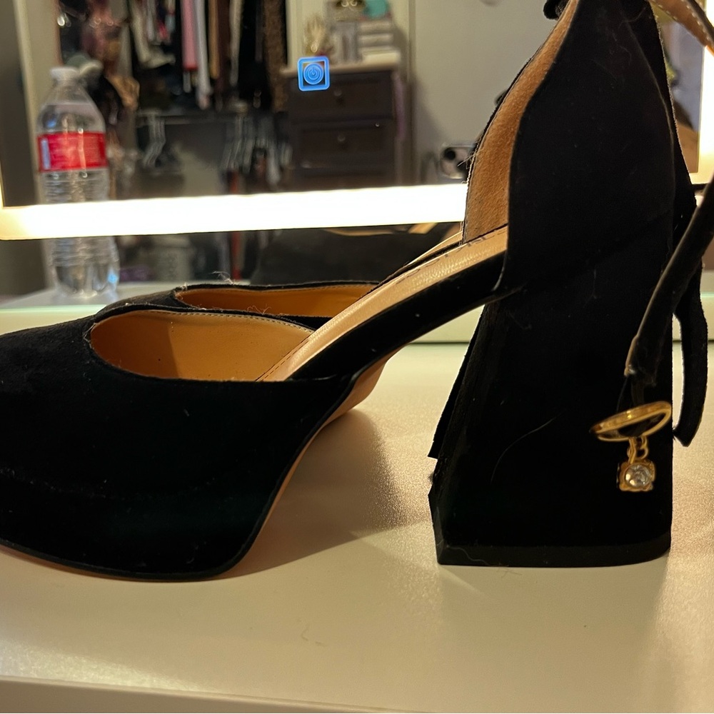 Black velvet block heels